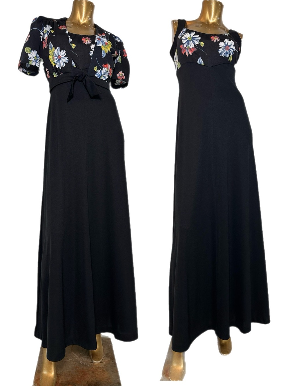 Vintage Jody of California Black Floral sleeveless Maxi Dress w/ bolero jacket